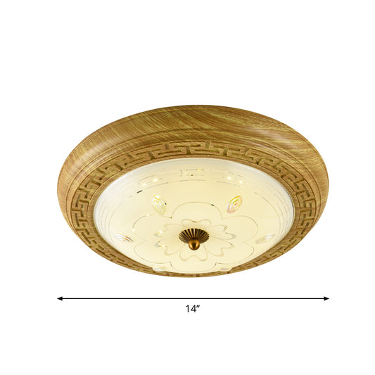 Wooden LED Flushmount Lighting Simple Yellow-Brown Circle Bedroom Ceiling Light with Dome Glass Shade, 14"/19.5" W Clearhalo 'Ceiling Lights' 'Close To Ceiling Lights' 'Close to ceiling' 'Flush mount' Lighting' 1272783