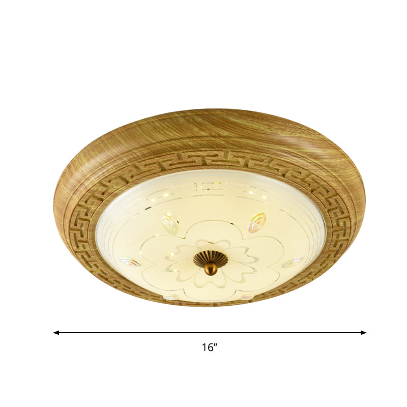 Wooden LED Flushmount Lighting Simple Yellow-Brown Circle Bedroom Ceiling Light with Dome Glass Shade, 14"/19.5" W Clearhalo 'Ceiling Lights' 'Close To Ceiling Lights' 'Close to ceiling' 'Flush mount' Lighting' 1272784