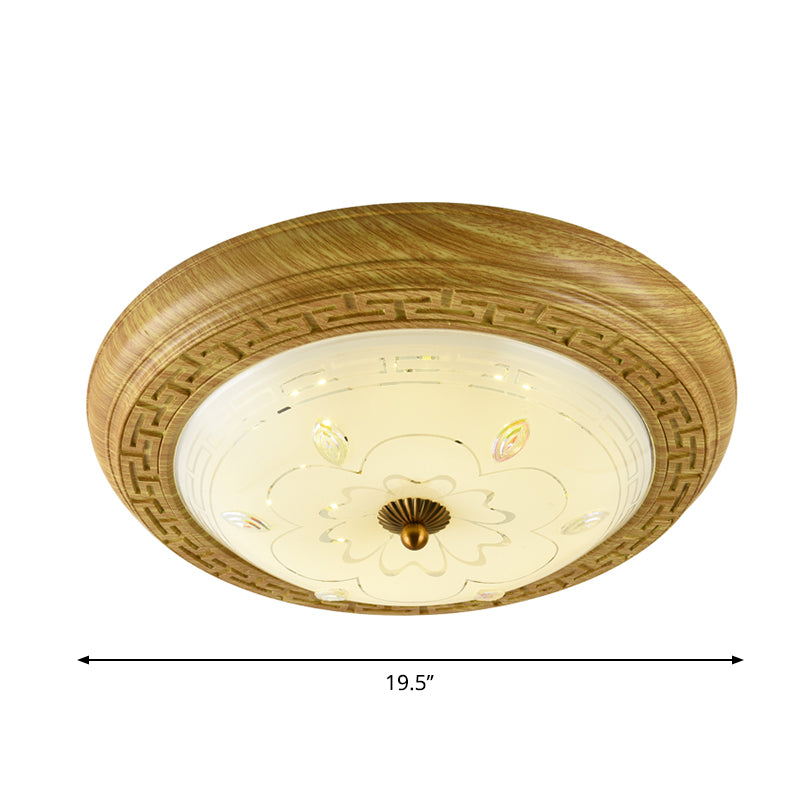 Wooden LED Flushmount Lighting Simple Yellow-Brown Circle Bedroom Ceiling Light with Dome Glass Shade, 14"/19.5" W Clearhalo 'Ceiling Lights' 'Close To Ceiling Lights' 'Close to ceiling' 'Flush mount' Lighting' 1272785