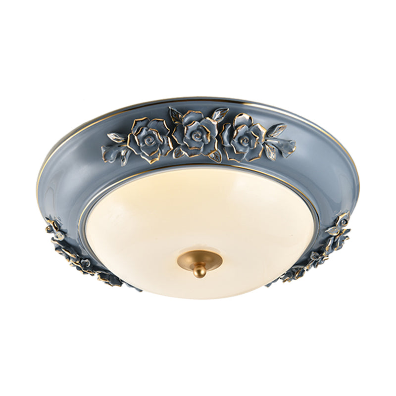 Ceramic Carved Rose Flush Light Rural 12"/14"/18" W LED Bedroom Ceiling Mounted Lamp in Blue with White Glass Shade Clearhalo 'Ceiling Lights' 'Close To Ceiling Lights' 'Close to ceiling' 'Flush mount' Lighting' 1272806