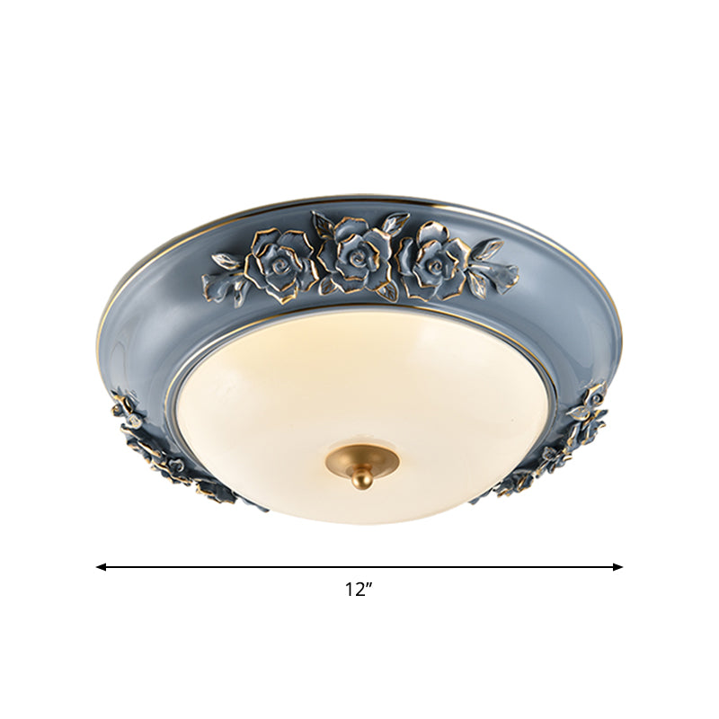 Ceramic Carved Rose Flush Light Rural 12"/14"/18" W LED Bedroom Ceiling Mounted Lamp in Blue with White Glass Shade Clearhalo 'Ceiling Lights' 'Close To Ceiling Lights' 'Close to ceiling' 'Flush mount' Lighting' 1272807