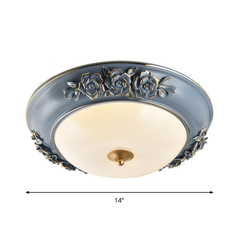 Ceramic Carved Rose Flush Light Rural 12"/14"/18" W LED Bedroom Ceiling Mounted Lamp in Blue with White Glass Shade Clearhalo 'Ceiling Lights' 'Close To Ceiling Lights' 'Close to ceiling' 'Flush mount' Lighting' 1272808