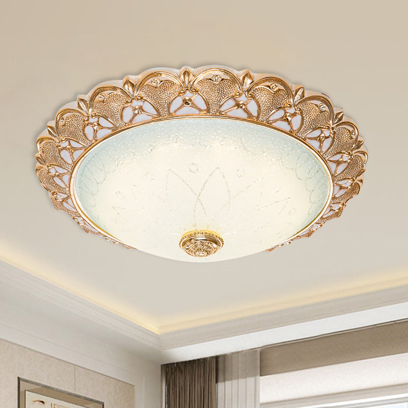 Gold Scalloped Bowl Flush Light Traditional Frosted Glass Hotel LED Ceiling Mounted Lamp, 14"/16"/19.5" Wide Gold Clearhalo 'Ceiling Lights' 'Close To Ceiling Lights' 'Close to ceiling' 'Flush mount' Lighting' 1272840