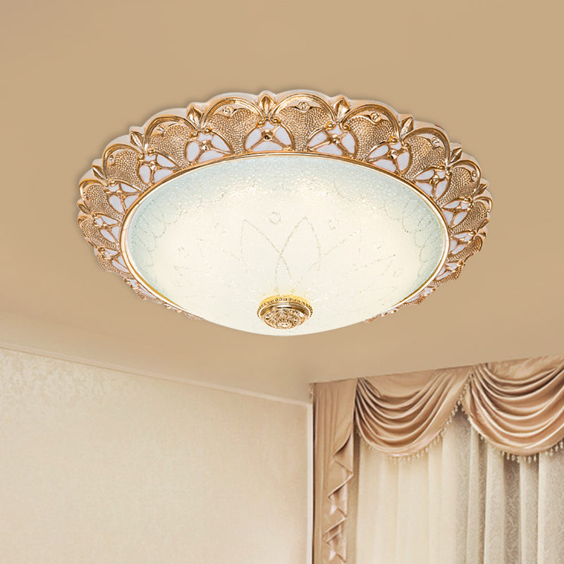 Gold Scalloped Bowl Flush Light Traditional Frosted Glass Hotel LED Ceiling Mounted Lamp, 14"/16"/19.5" Wide Clearhalo 'Ceiling Lights' 'Close To Ceiling Lights' 'Close to ceiling' 'Flush mount' Lighting' 1272841