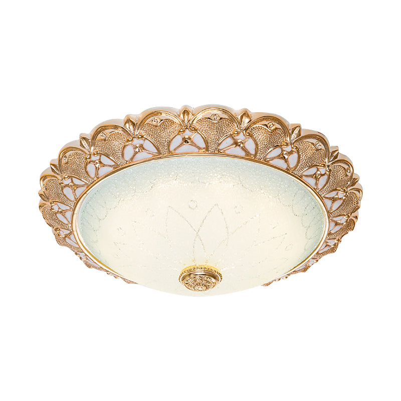 Gold Scalloped Bowl Flush Light Traditional Frosted Glass Hotel LED Ceiling Mounted Lamp, 14"/16"/19.5" Wide Clearhalo 'Ceiling Lights' 'Close To Ceiling Lights' 'Close to ceiling' 'Flush mount' Lighting' 1272842