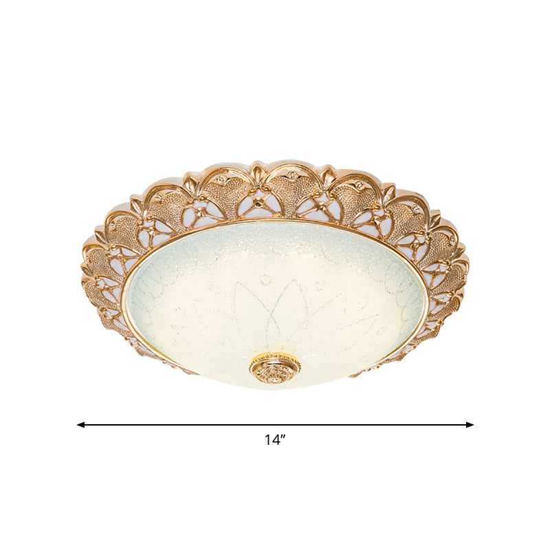 Gold Scalloped Bowl Flush Light Traditional Frosted Glass Hotel LED Ceiling Mounted Lamp, 14"/16"/19.5" Wide Clearhalo 'Ceiling Lights' 'Close To Ceiling Lights' 'Close to ceiling' 'Flush mount' Lighting' 1272843