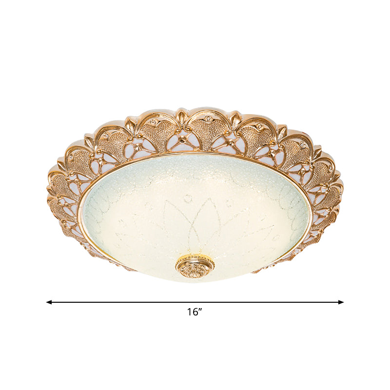 Gold Scalloped Bowl Flush Light Traditional Frosted Glass Hotel LED Ceiling Mounted Lamp, 14"/16"/19.5" Wide Clearhalo 'Ceiling Lights' 'Close To Ceiling Lights' 'Close to ceiling' 'Flush mount' Lighting' 1272844