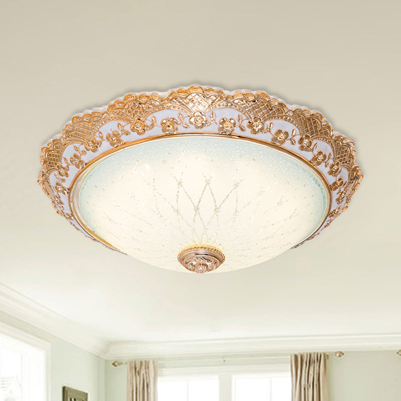 Half-Globe LED Flush Mount Fixture Traditional Gold Opaline Glass Ceiling Light with Scalloped Trim, 14"/16"/19.5" W Gold Clearhalo 'Ceiling Lights' 'Close To Ceiling Lights' 'Close to ceiling' 'Flush mount' Lighting' 1272846