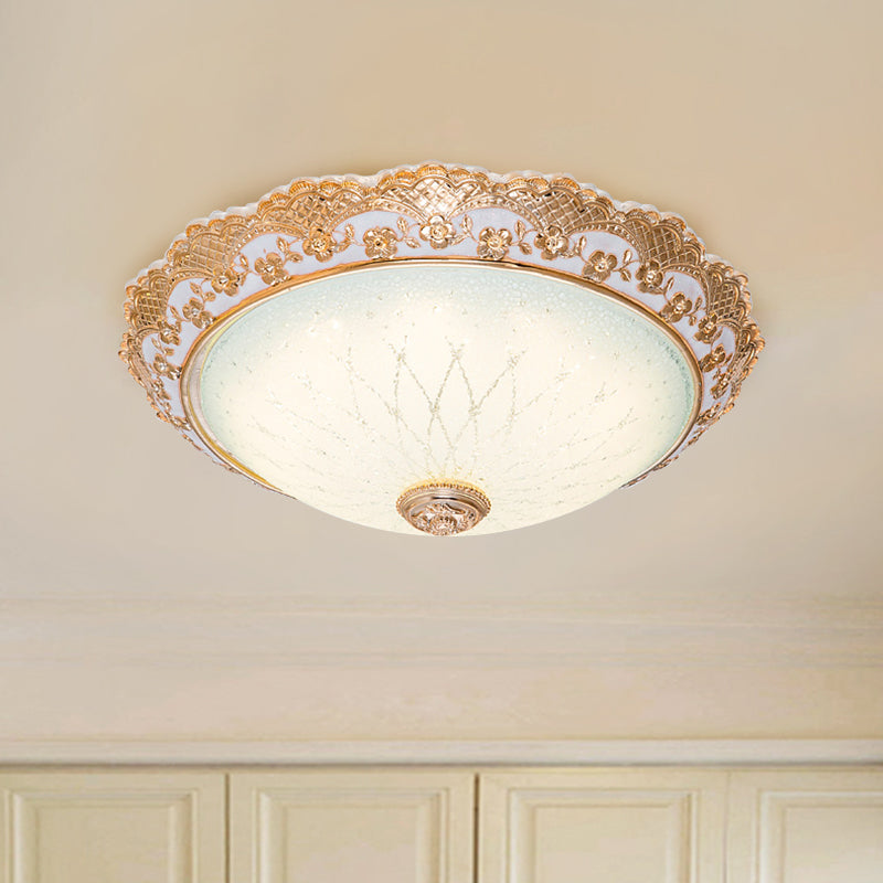 Half-Globe LED Flush Mount Fixture Traditional Gold Opaline Glass Ceiling Light with Scalloped Trim, 14"/16"/19.5" W Clearhalo 'Ceiling Lights' 'Close To Ceiling Lights' 'Close to ceiling' 'Flush mount' Lighting' 1272847