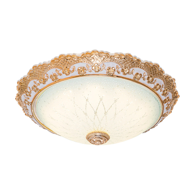 Half-Globe LED Flush Mount Fixture Traditional Gold Opaline Glass Ceiling Light with Scalloped Trim, 14"/16"/19.5" W Clearhalo 'Ceiling Lights' 'Close To Ceiling Lights' 'Close to ceiling' 'Flush mount' Lighting' 1272848