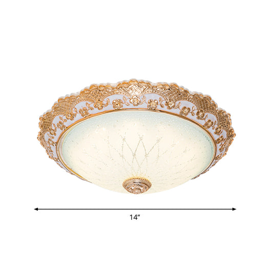 Half-Globe LED Flush Mount Fixture Traditional Gold Opaline Glass Ceiling Light with Scalloped Trim, 14"/16"/19.5" W Clearhalo 'Ceiling Lights' 'Close To Ceiling Lights' 'Close to ceiling' 'Flush mount' Lighting' 1272849