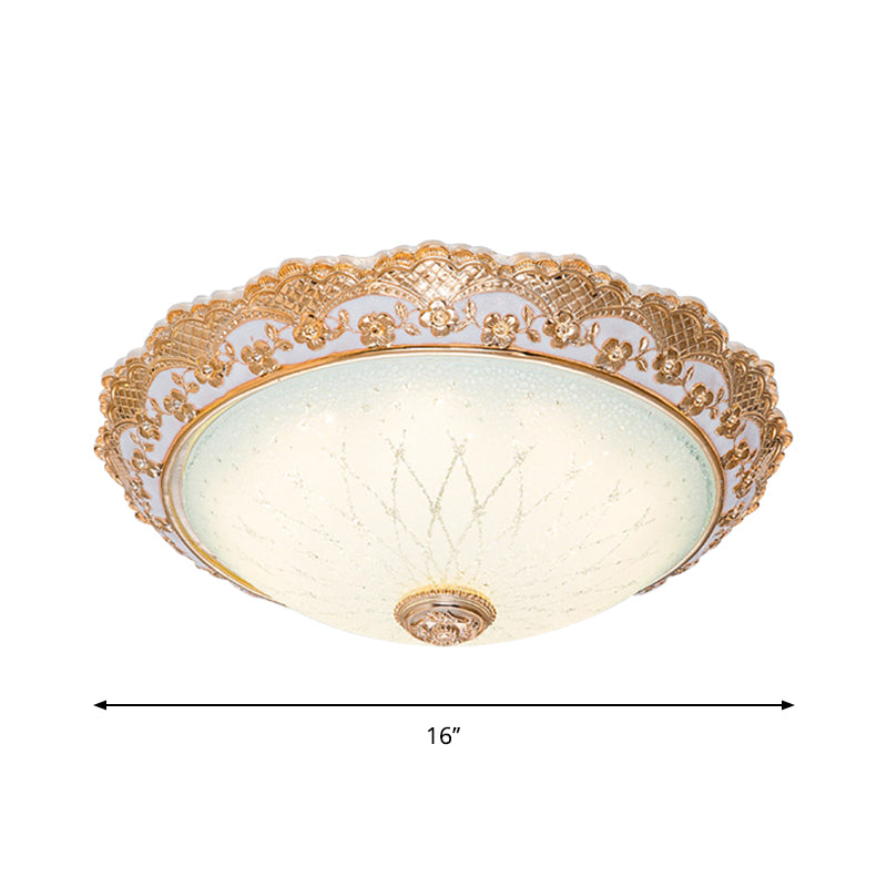 Half-Globe LED Flush Mount Fixture Traditional Gold Opaline Glass Ceiling Light with Scalloped Trim, 14"/16"/19.5" W Clearhalo 'Ceiling Lights' 'Close To Ceiling Lights' 'Close to ceiling' 'Flush mount' Lighting' 1272850