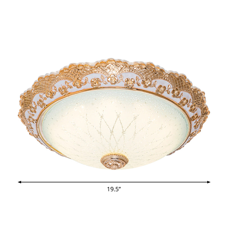 Half-Globe LED Flush Mount Fixture Traditional Gold Opaline Glass Ceiling Light with Scalloped Trim, 14"/16"/19.5" W Clearhalo 'Ceiling Lights' 'Close To Ceiling Lights' 'Close to ceiling' 'Flush mount' Lighting' 1272851