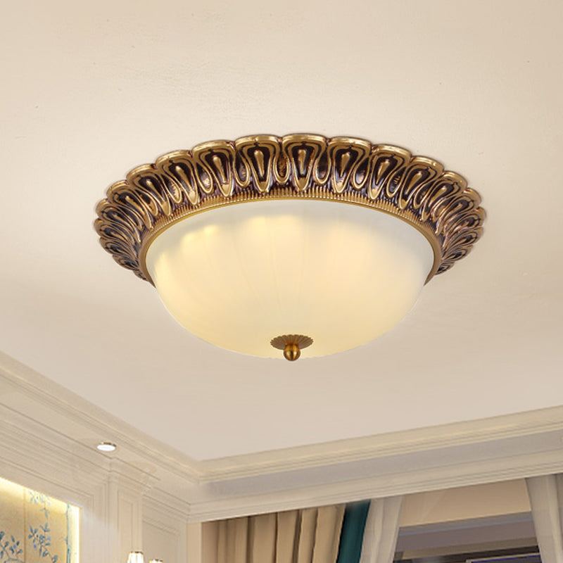 Hemispherical Milk Glass Ceiling Lighting Vintage 16"/19.5" Wide 3-Light Bedroom Flush Mounted Light in Brass Brass Clearhalo 'Ceiling Lights' 'Close To Ceiling Lights' 'Close to ceiling' 'Flush mount' Lighting' 1272858