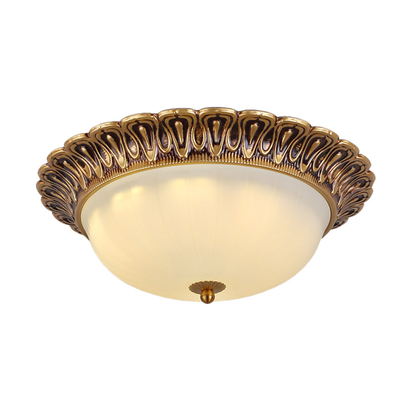 Hemispherical Milk Glass Ceiling Lighting Vintage 16"/19.5" Wide 3-Light Bedroom Flush Mounted Light in Brass Clearhalo 'Ceiling Lights' 'Close To Ceiling Lights' 'Close to ceiling' 'Flush mount' Lighting' 1272859