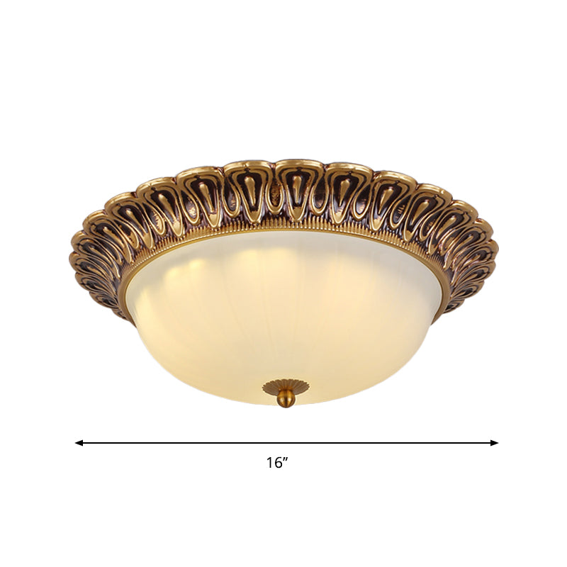 Hemispherical Milk Glass Ceiling Lighting Vintage 16"/19.5" Wide 3-Light Bedroom Flush Mounted Light in Brass Clearhalo 'Ceiling Lights' 'Close To Ceiling Lights' 'Close to ceiling' 'Flush mount' Lighting' 1272861