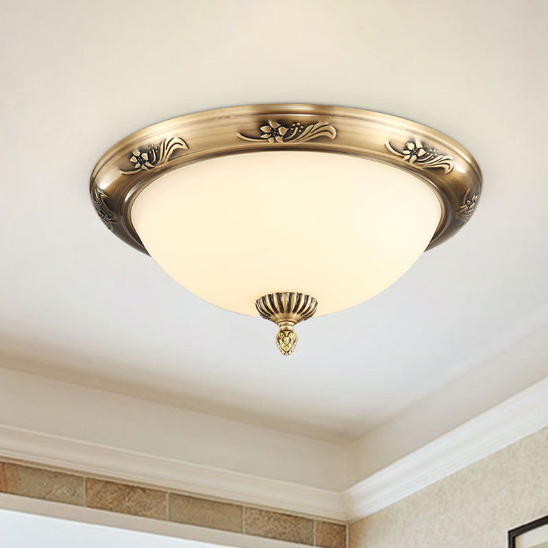 Classical Hemisphere Flush Ceiling Light 2-Bulb Milky Glass Flushmount in Brass for Office, 13"/15"/19.5" Dia Clearhalo 'Ceiling Lights' 'Close To Ceiling Lights' 'Close to ceiling' 'Flush mount' Lighting' 1272869