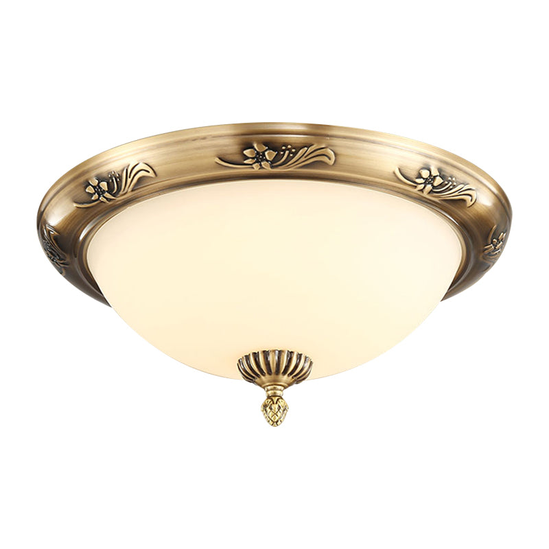 Classical Hemisphere Flush Ceiling Light 2-Bulb Milky Glass Flushmount in Brass for Office, 13"/15"/19.5" Dia Clearhalo 'Ceiling Lights' 'Close To Ceiling Lights' 'Close to ceiling' 'Flush mount' Lighting' 1272870