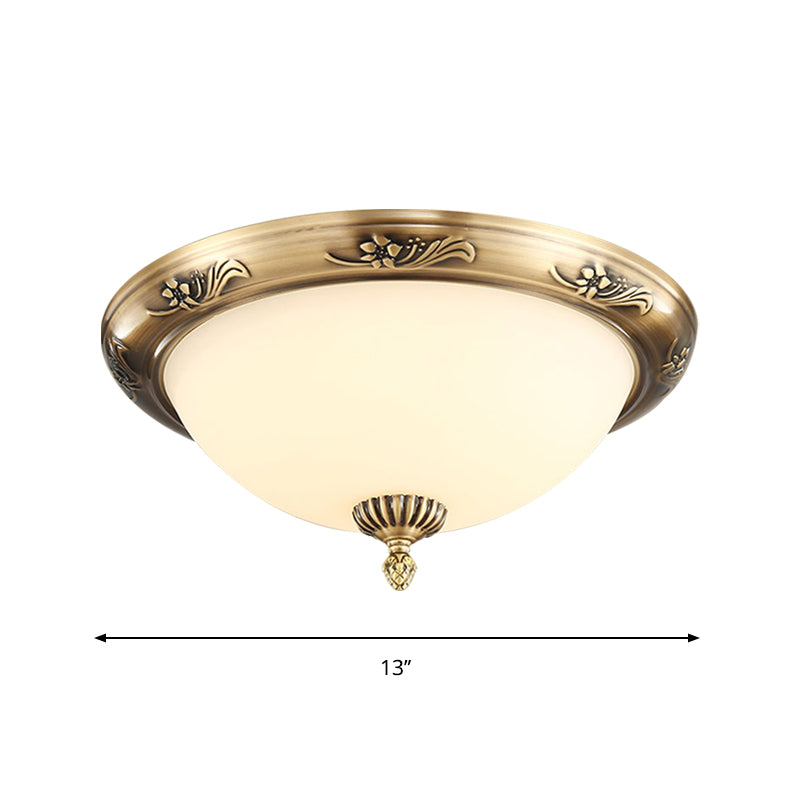 Classical Hemisphere Flush Ceiling Light 2-Bulb Milky Glass Flushmount in Brass for Office, 13"/15"/19.5" Dia Clearhalo 'Ceiling Lights' 'Close To Ceiling Lights' 'Close to ceiling' 'Flush mount' Lighting' 1272871