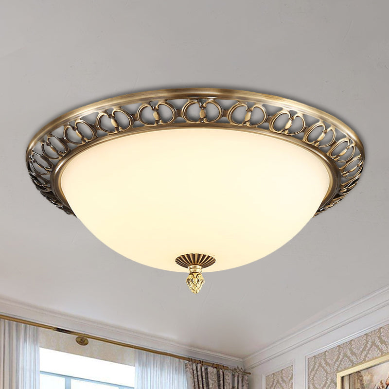 Brass Finish 2-Head Ceiling Mount Light Antique Style Frosted Glass Dome Flush Mount, 13"/15"/19.5" Wide Brass Clearhalo 'Ceiling Lights' 'Close To Ceiling Lights' 'Close to ceiling' 'Flush mount' Lighting' 1272874