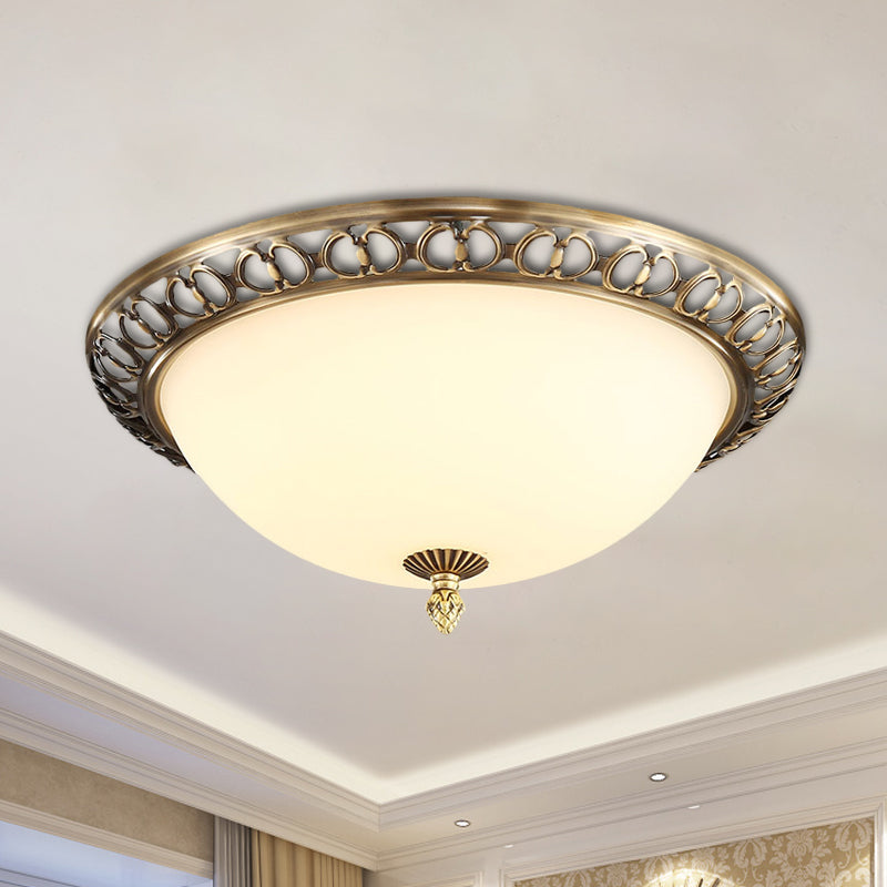 Brass Finish 2-Head Ceiling Mount Light Antique Style Frosted Glass Dome Flush Mount, 13"/15"/19.5" Wide Clearhalo 'Ceiling Lights' 'Close To Ceiling Lights' 'Close to ceiling' 'Flush mount' Lighting' 1272875