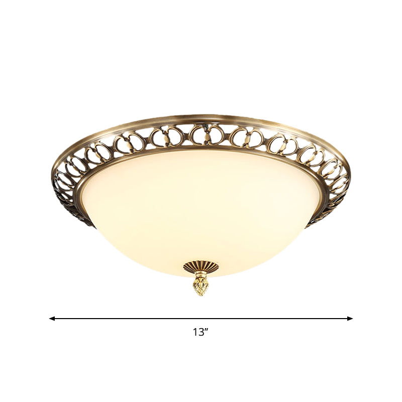 Brass Finish 2-Head Ceiling Mount Light Antique Style Frosted Glass Dome Flush Mount, 13"/15"/19.5" Wide Clearhalo 'Ceiling Lights' 'Close To Ceiling Lights' 'Close to ceiling' 'Flush mount' Lighting' 1272877