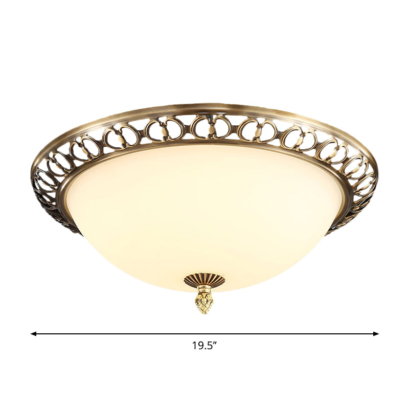 Brass Finish 2-Head Ceiling Mount Light Antique Style Frosted Glass Dome Flush Mount, 13"/15"/19.5" Wide Clearhalo 'Ceiling Lights' 'Close To Ceiling Lights' 'Close to ceiling' 'Flush mount' Lighting' 1272879