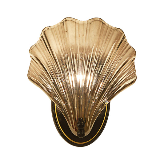 Single Scalloped Shell Wall Lamp Country Style Black/Gold Ribbed Glass Sconce Lighting Fixture Clearhalo 'Wall Lamps & Sconces' 'Wall Lights' Lighting' 1272882