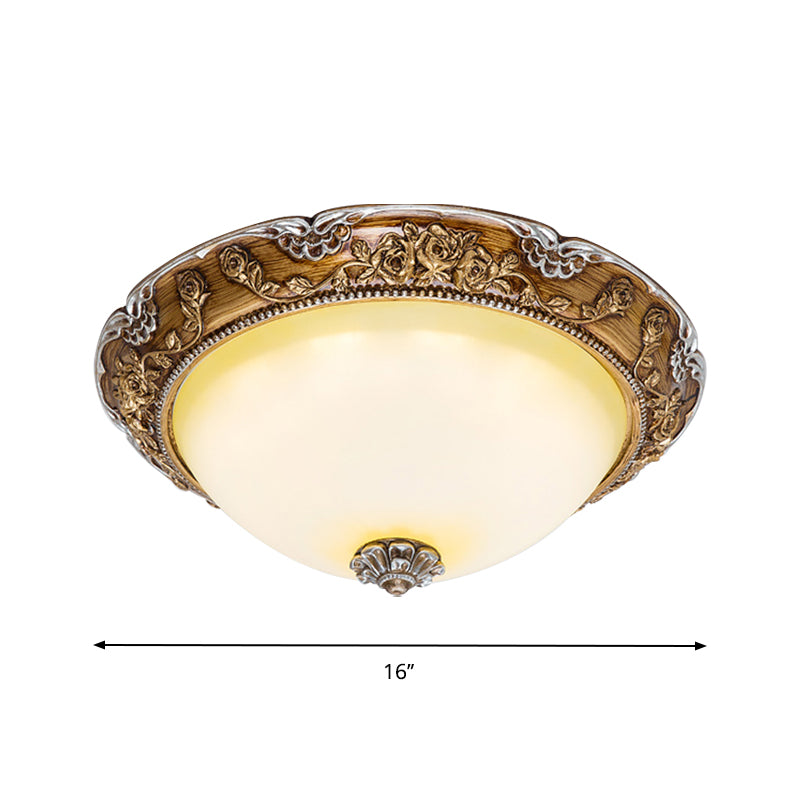 Dome Tan Glass Shade Flush Lamp Fixture Traditional 14"/16"/19.5" W LED Bedroom Close to Ceiling Light in Brown Clearhalo 'Ceiling Lights' 'Close To Ceiling Lights' 'Close to ceiling' 'Flush mount' Lighting' 1273018