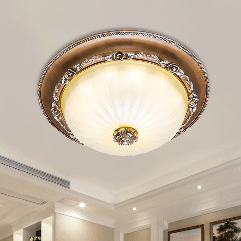 Ribbed Glass Brown Flush Ceiling Light Domed Shade 14"/16"/19.5" Wide LED Farmhouse Flushmount Lamp Brown Clearhalo 'Ceiling Lights' 'Close To Ceiling Lights' 'Close to ceiling' 'Flush mount' Lighting' 1273021