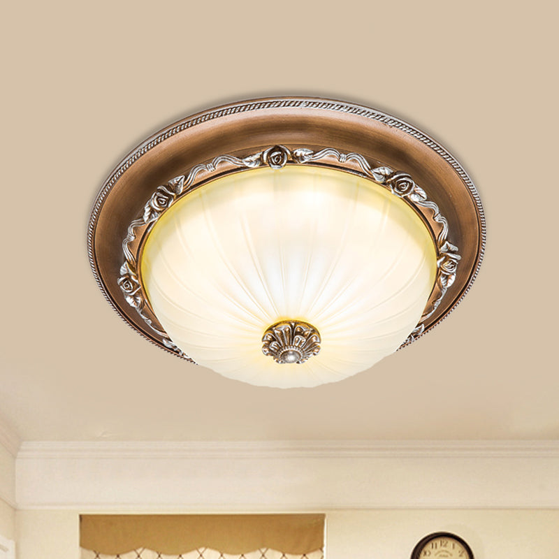 Ribbed Glass Brown Flush Ceiling Light Domed Shade 14"/16"/19.5" Wide LED Farmhouse Flushmount Lamp Clearhalo 'Ceiling Lights' 'Close To Ceiling Lights' 'Close to ceiling' 'Flush mount' Lighting' 1273022