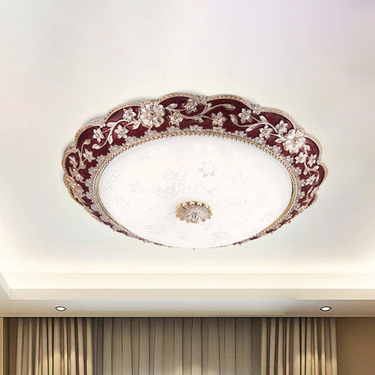 Bowl Bedroom Flush Lamp Fixture Country Style Veined Glass Dark Red LED Ceiling Flush, 12"/16"/19.5" W Crimson Clearhalo 'Ceiling Lights' 'Close To Ceiling Lights' 'Close to ceiling' 'Flush mount' Lighting' 1273049