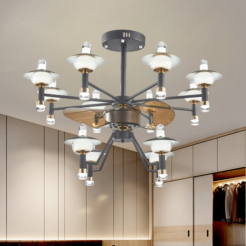 Radial Ceiling Fan Light Modernist Metallic 36.5" Wide 12 Bulbs Black-Gold Semi Flush Mount, 3 Brown Blades Clearhalo 'Ceiling Fans with Lights' 'Ceiling Fans' 'Modern Ceiling Fans' 'Modern' Lighting' 1273118