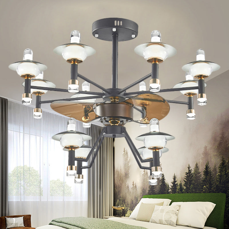 Radial Ceiling Fan Light Modernist Metallic 36.5" Wide 12 Bulbs Black-Gold Semi Flush Mount, 3 Brown Blades Black-Gold Clearhalo 'Ceiling Fans with Lights' 'Ceiling Fans' 'Modern Ceiling Fans' 'Modern' Lighting' 1273119