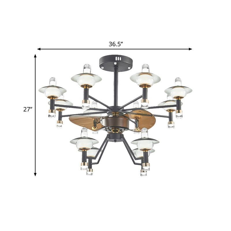 Radial Ceiling Fan Light Modernist Metallic 36.5" Wide 12 Bulbs Black-Gold Semi Flush Mount, 3 Brown Blades Clearhalo 'Ceiling Fans with Lights' 'Ceiling Fans' 'Modern Ceiling Fans' 'Modern' Lighting' 1273121