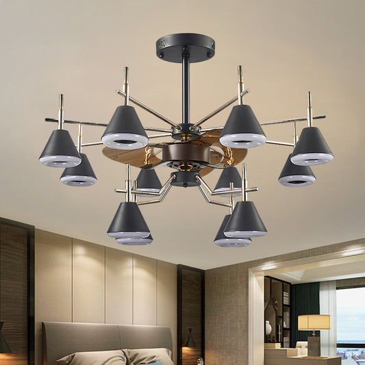 25.5" Wide Cone Semi Flush Mount Light Modernist Metallic 12-Light Black 3-Blade Pendant Fan Lamp Black Clearhalo 'Ceiling Fans with Lights' 'Ceiling Fans' 'Modern Ceiling Fans' 'Modern' Lighting' 1273124