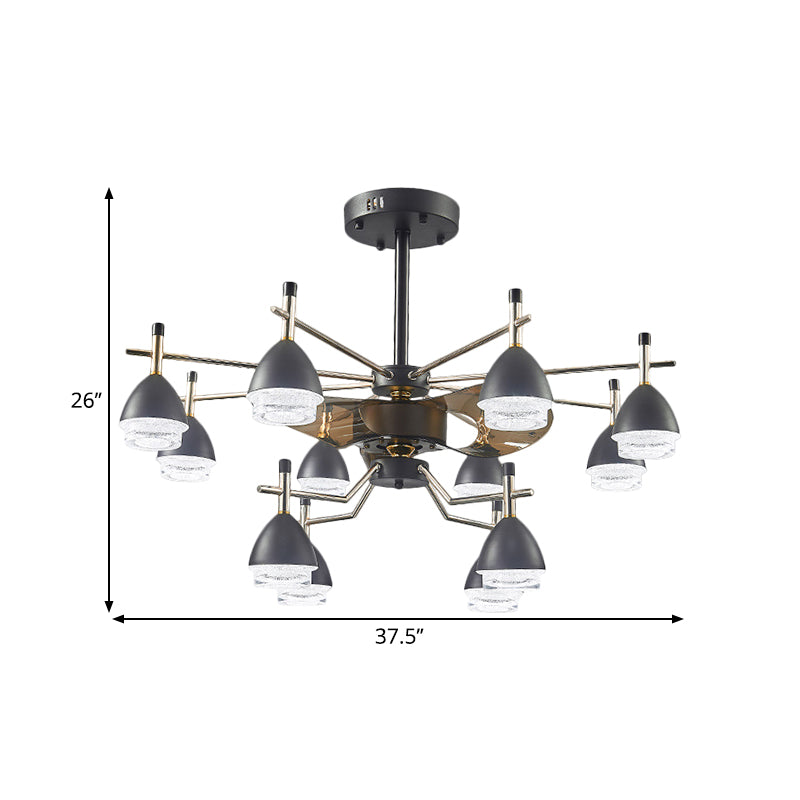Black Conic Hanging Fan Light Fixture 12-Head 37.5" W Metal Semi-Flush Ceiling Lamp with 3 Blades Clearhalo 'Ceiling Fans with Lights' 'Ceiling Fans' Lighting' 1273131