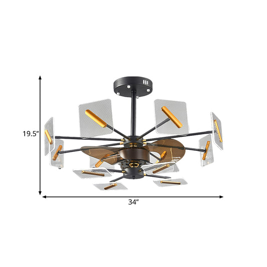 Squared Panel Pendant Fan Light Modernist Acrylic 12 Bulbs Black and Gold Semi Flush Lamp with 3 Brown Blades, 34" W Clearhalo 'Ceiling Fans with Lights' 'Ceiling Fans' 'Modern Ceiling Fans' 'Modern' Lighting' 1273151