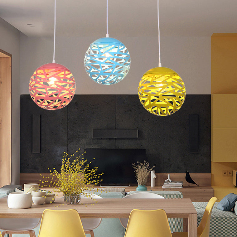 Kid Bedroom Hollow Orb Pendant Lamp Metal 1 Head Modern Candy Colored Hanging Light Clearhalo 'Ceiling Lights' 'Modern Pendants' 'Modern' 'Pendant Lights' 'Pendants' Lighting' 127319