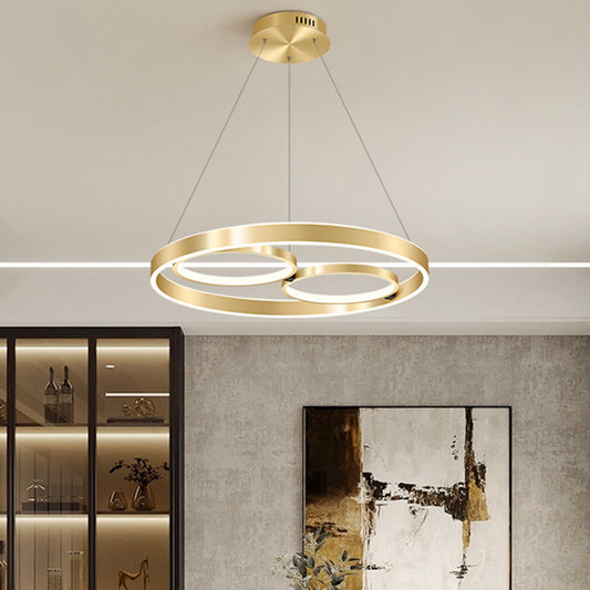 Simplicity 3-Ring Ceiling Hang Fixture Metallic Dining Room LED Chandelier Light in Gold, Warm/White Light Clearhalo 'Ceiling Lights' 'Chandeliers' 'Modern Chandeliers' 'Modern' Lighting' 1273219