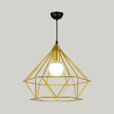 Traditional Diamond Wire Guard Pendant Light Metal 1 Light Hanging Lamp for Stair Cafe Gold 15.5" Clearhalo 'Ceiling Lights' 'Modern Pendants' 'Modern' 'Pendant Lights' 'Pendants' Lighting' 127329