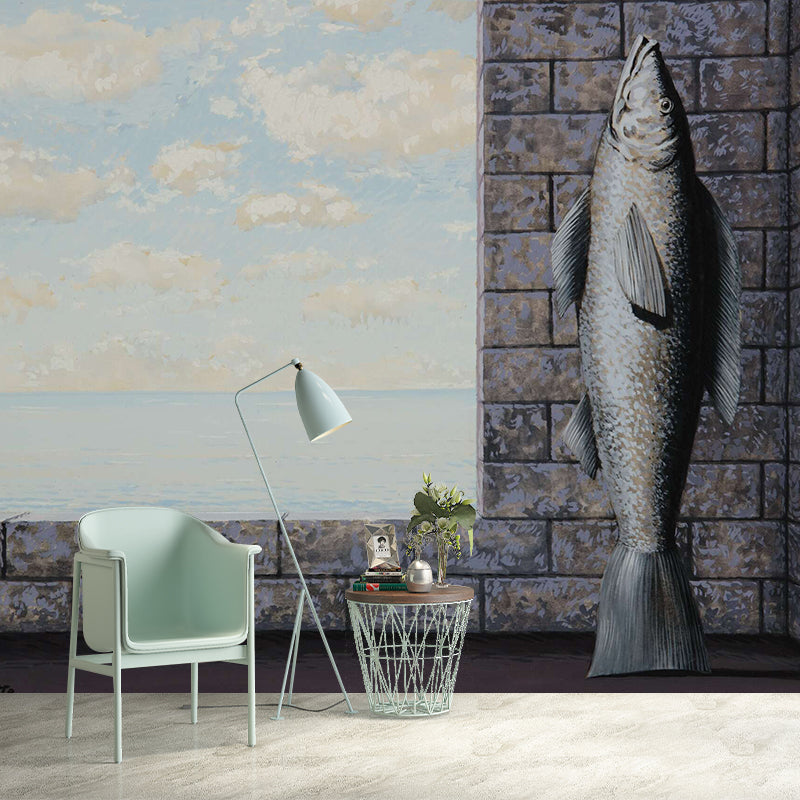 Surrealism Fish Wall Mural Decal for Living Room Customized Wall Art in Grey and Blue Gray-Blue Clearhalo 'Wall Decor' 'Wall Mural' 1273478