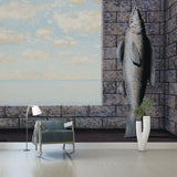 Surrealism Fish Wall Mural Decal for Living Room Customized Wall Art in Grey and Blue Clearhalo 'Wall Decor' 'Wall Mural' 1273479