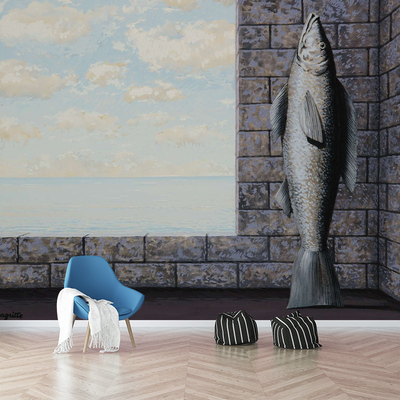 Surrealism Fish Wall Mural Decal for Living Room Customized Wall Art in Grey and Blue Clearhalo 'Wall Decor' 'Wall Mural' 1273480