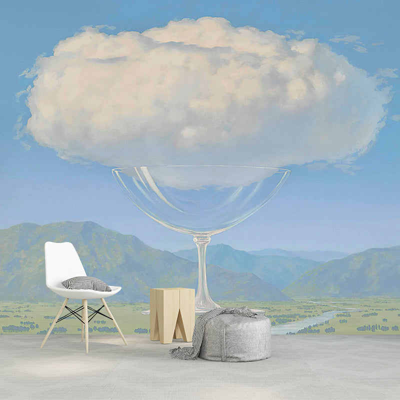 Surreal Glass of Cloud Mural Decal Blue and White Bedroom Wall Covering, Made to Measure Clearhalo 'Wall Decor' 'Wall Mural' 1273494