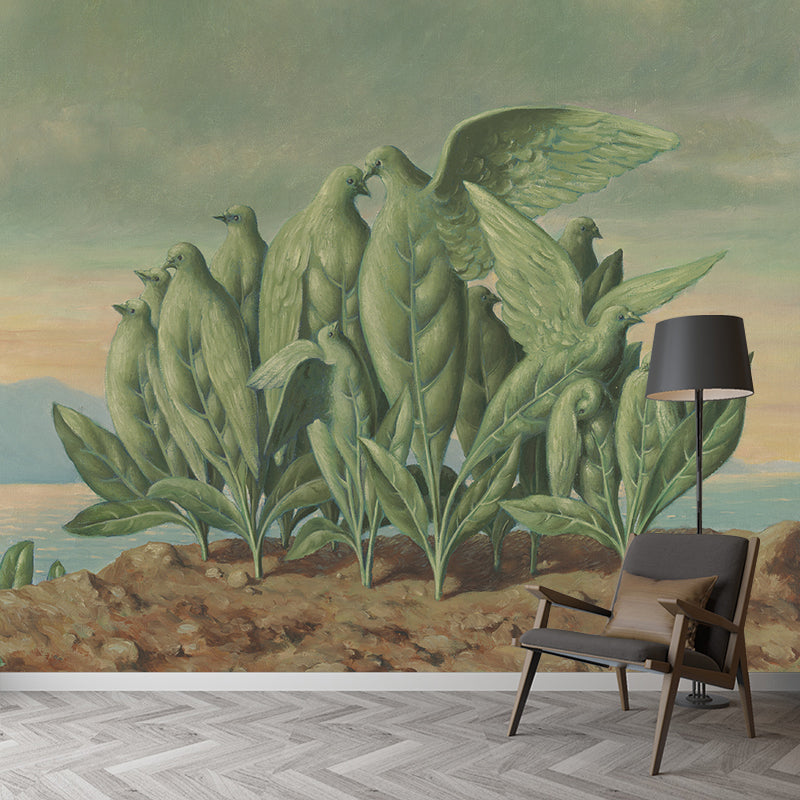 Art Bird Plant Island Mural Surreal Non-Woven Material Wall Covering in Grey-Green Clearhalo 'Wall Decor' 'Wall Mural' 1273658