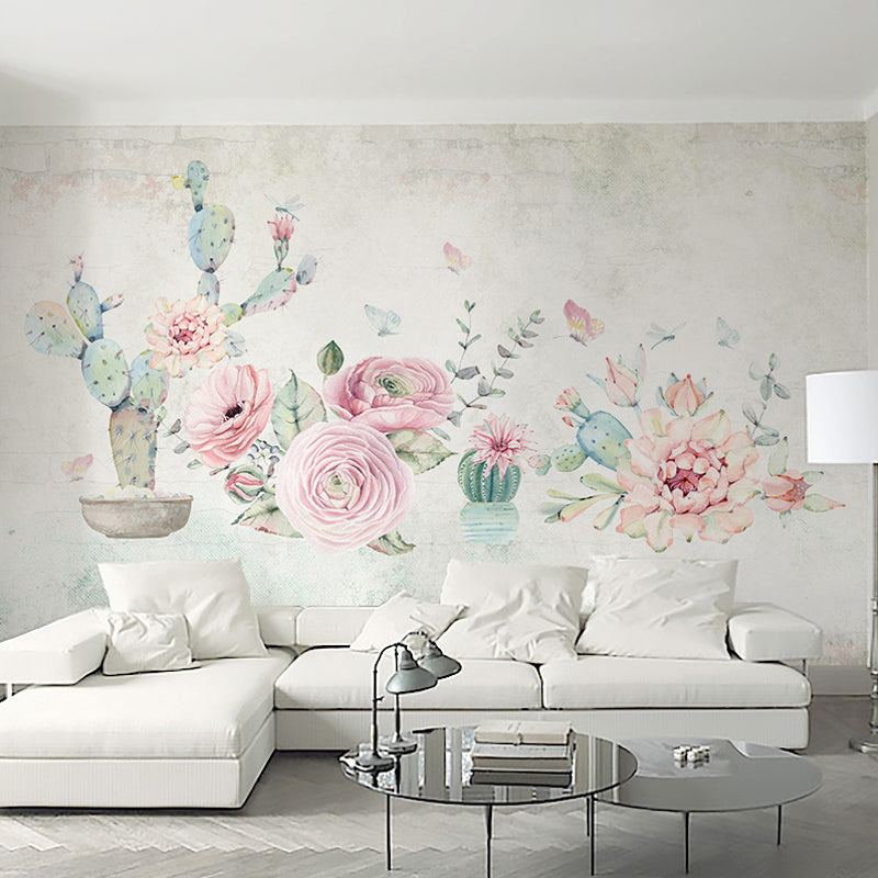 Tropix Cactus and Peony Murals Pink-Blue Stain-Resistant Wall Art for Living Room Clearhalo 'Wall Decor' 'Wall Mural' 1274416