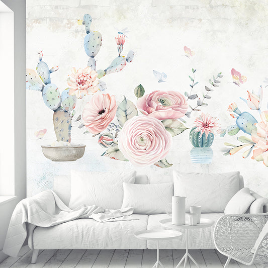 Tropix Cactus and Peony Murals Pink-Blue Stain-Resistant Wall Art for Living Room Clearhalo 'Wall Decor' 'Wall Mural' 1274417