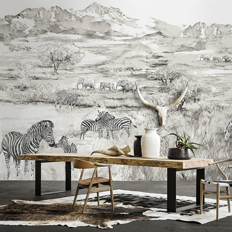 Tropix Animals African Savannas Murals in Pewter Stain Resistant Wall Art for Living Room Pewter Clearhalo 'Wall Decor' 'Wall Mural' 1274470