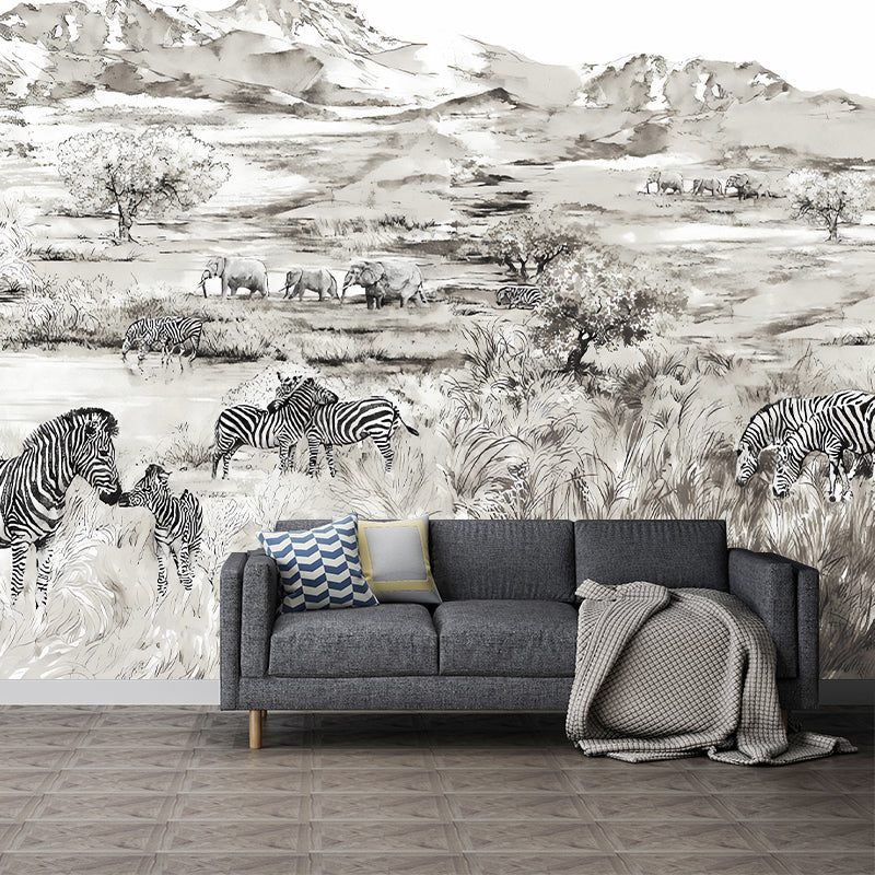 Tropix Animals African Savannas Murals in Pewter Stain Resistant Wall Art for Living Room Clearhalo 'Wall Decor' 'Wall Mural' 1274471